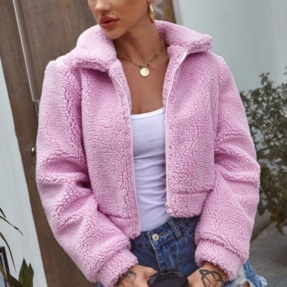 Teddy Coat Shearling Zip Up Collared Jacket Tan - Picture 5 of 7